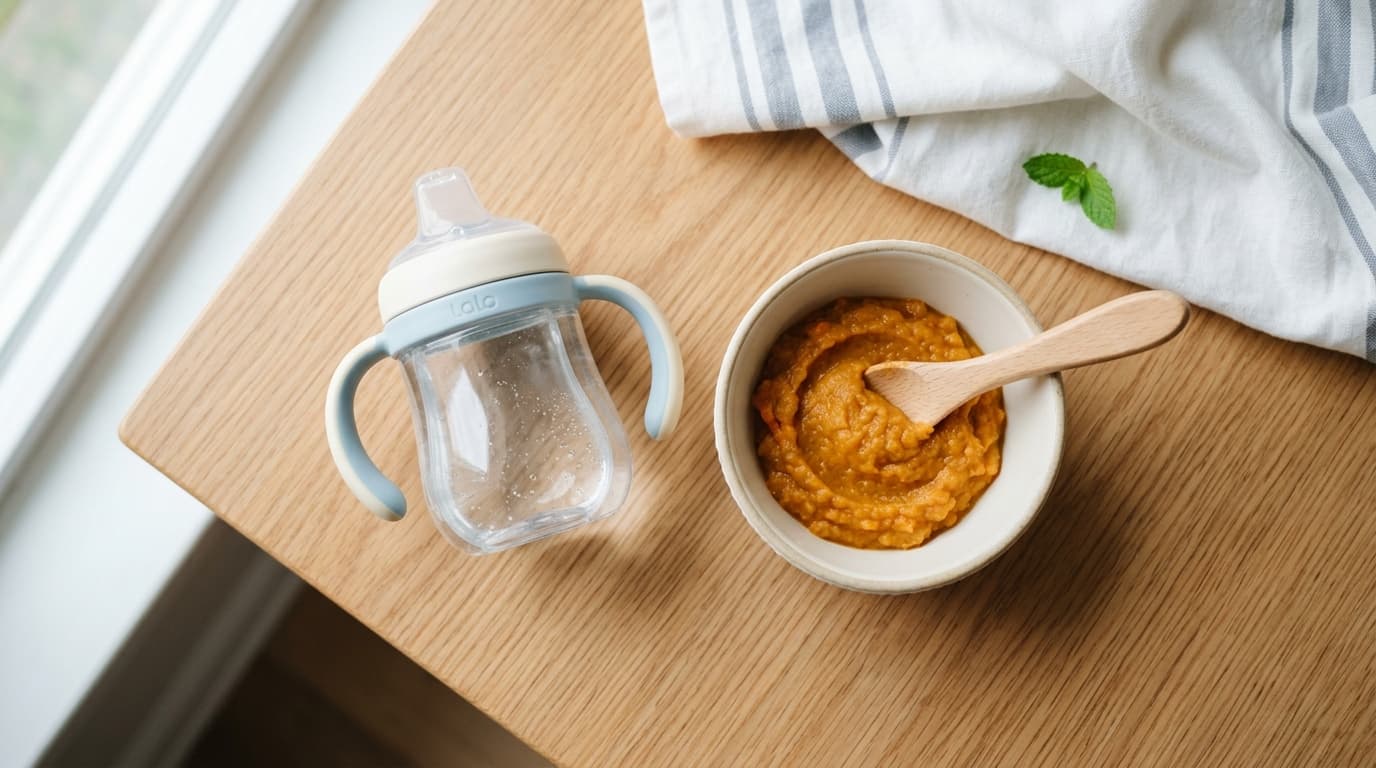Foto sippy cup berisi air putih segar di sebelah mangkuk MPASI bayi