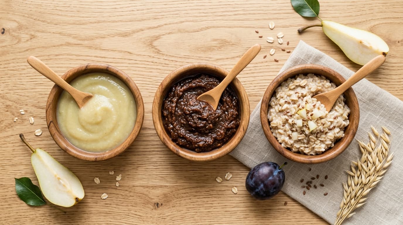 Foto pure buah tinggi serat dan oatmeal untuk melancarkan pencernaan bayi
