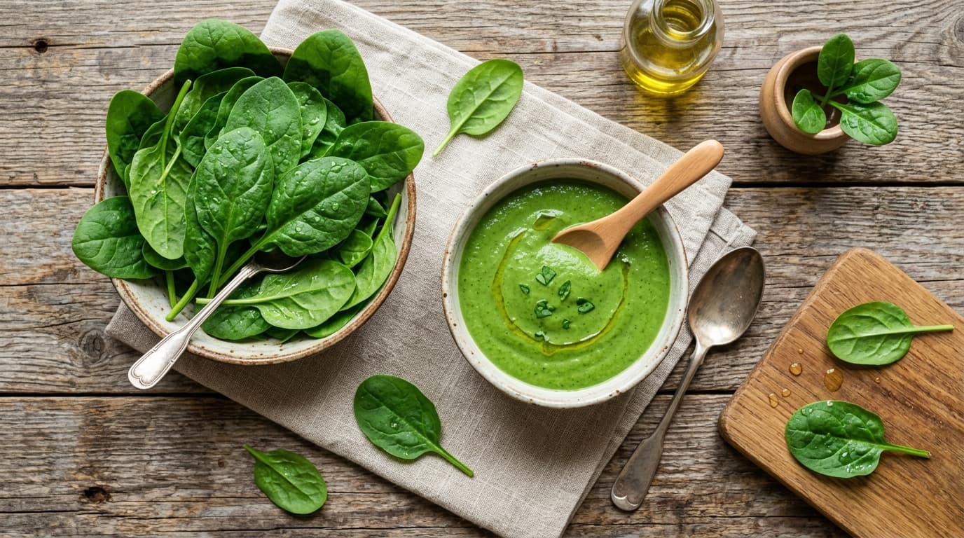 Foto daun bayam segar dan pure bayam hijau sehat untuk MPASI