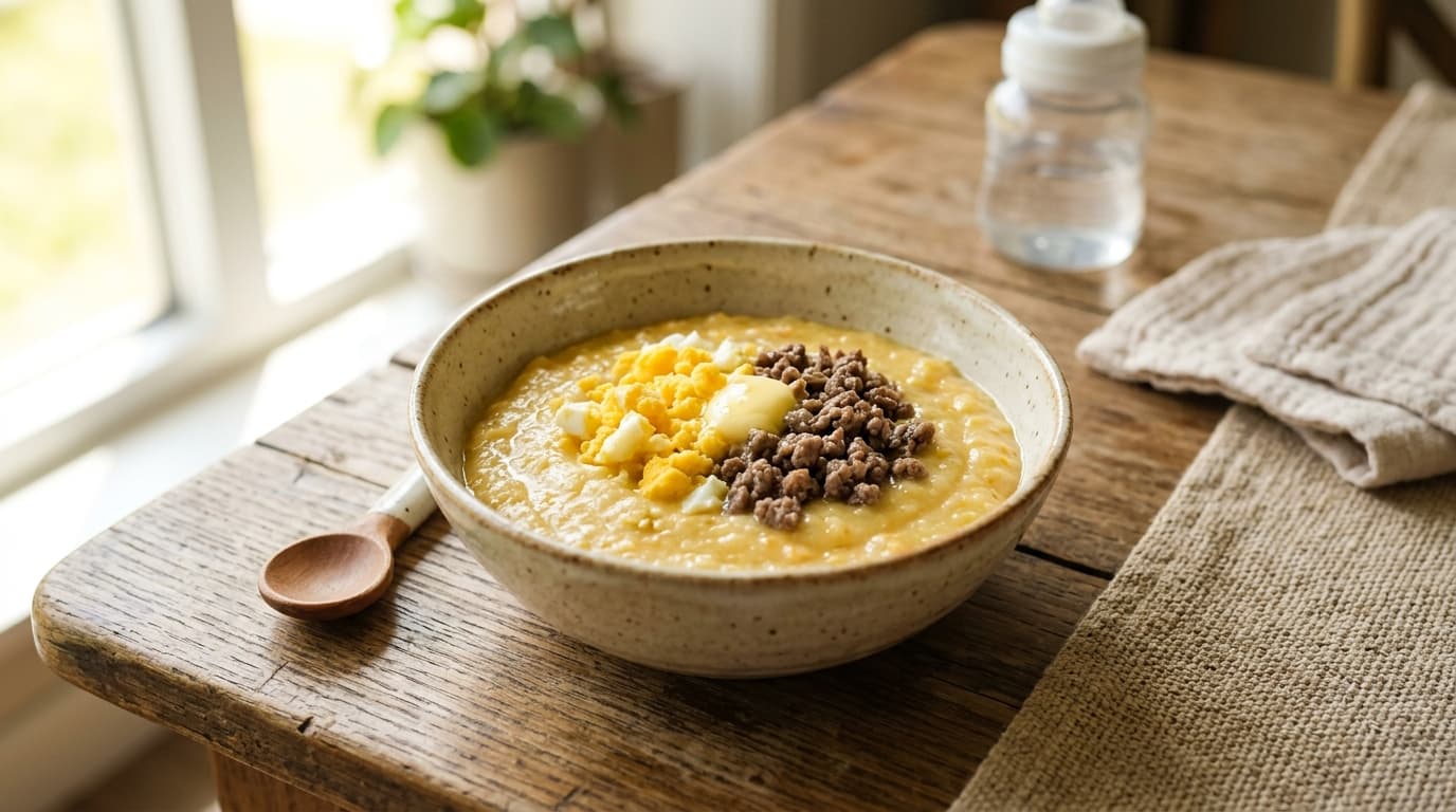Foto menu MPASI padat gizi booster berat badan dengan kaldu tulang, kuning telur, daging cincang, dan butter