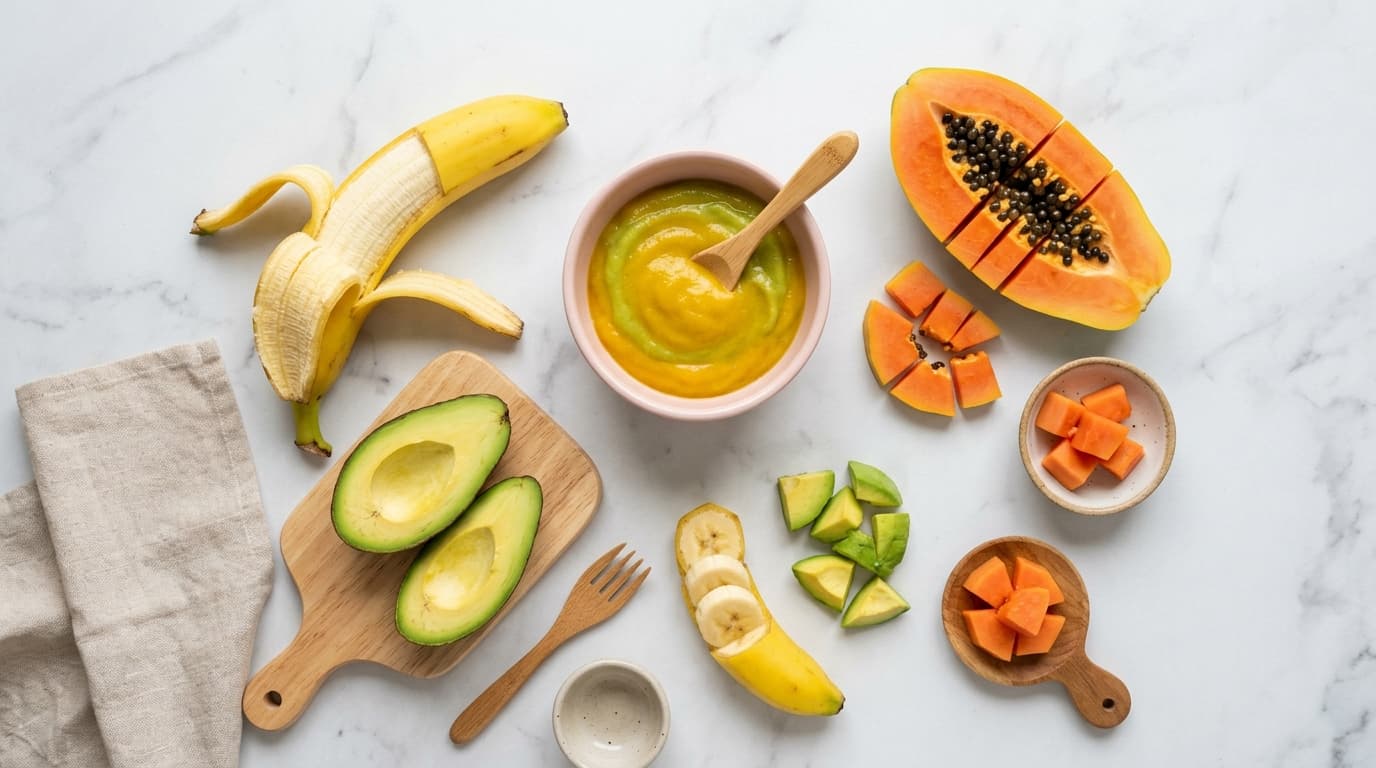 Foto aneka buah segar seperti pisang, alpukat, pepaya, dan pure buah manis