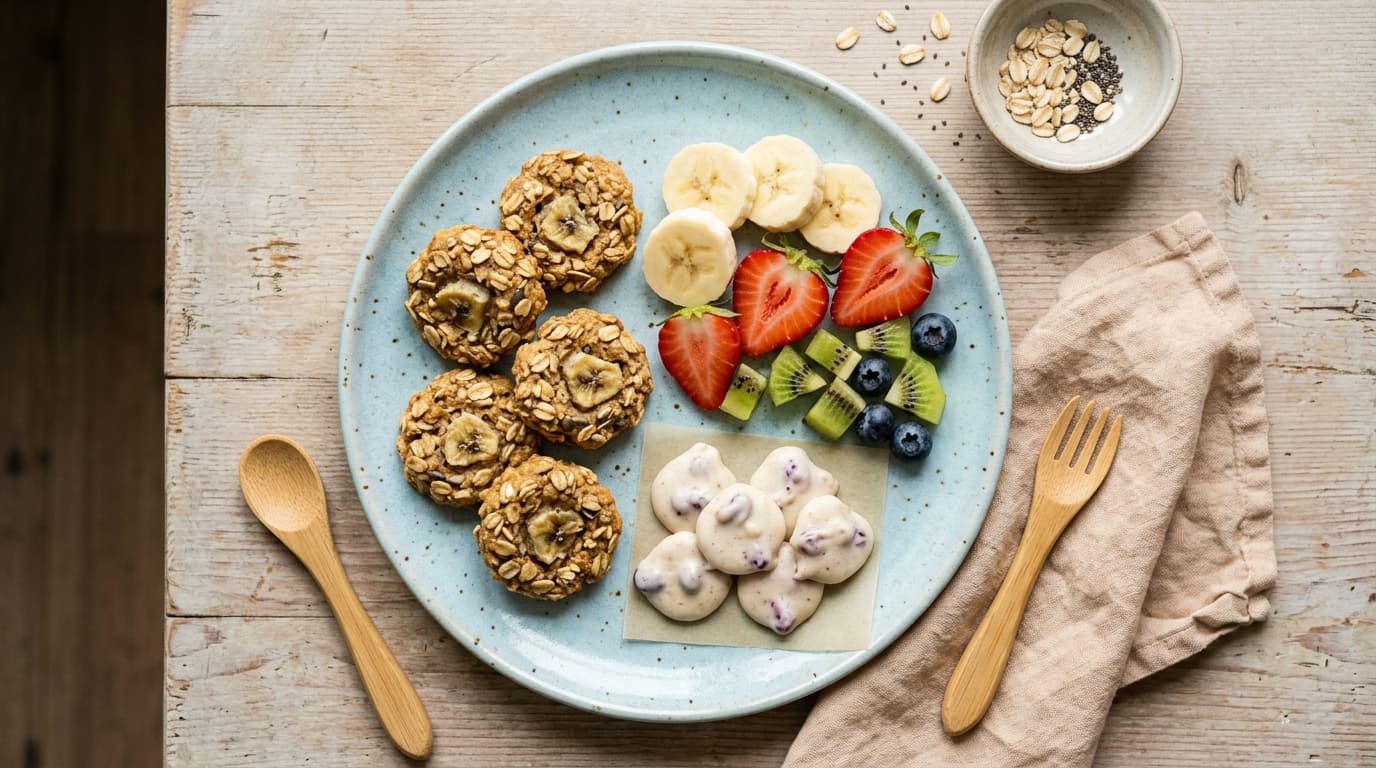 Foto camilan sehat bayi seperti biskuit oat pisang dan potongan buah