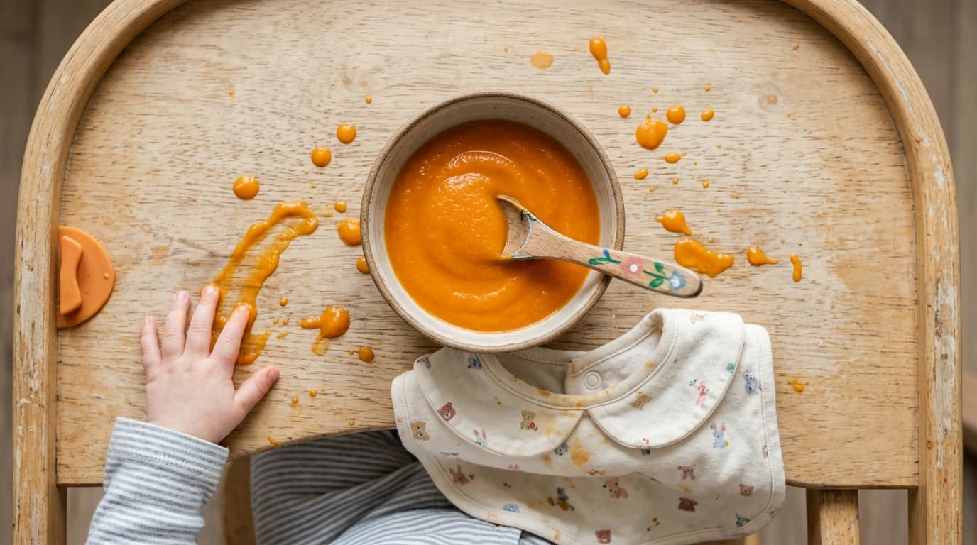 Foto konsep bayi GTM: mangkuk MPASI utuh dan nampan makan yang berantakan