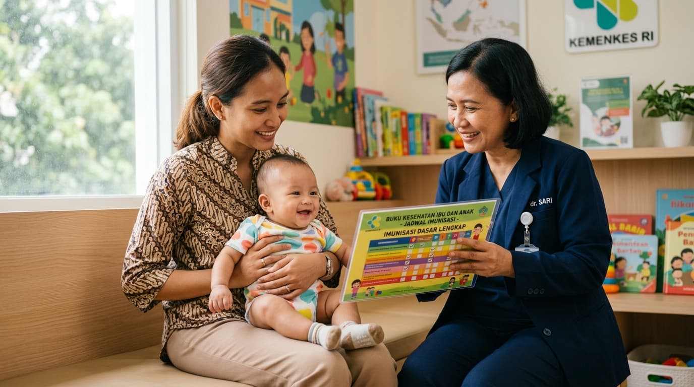 Foto ibu dan bayi berkonsultasi dengan dokter spesialis anak mengenai tabel jadwal imunisasi lengkap IDAI