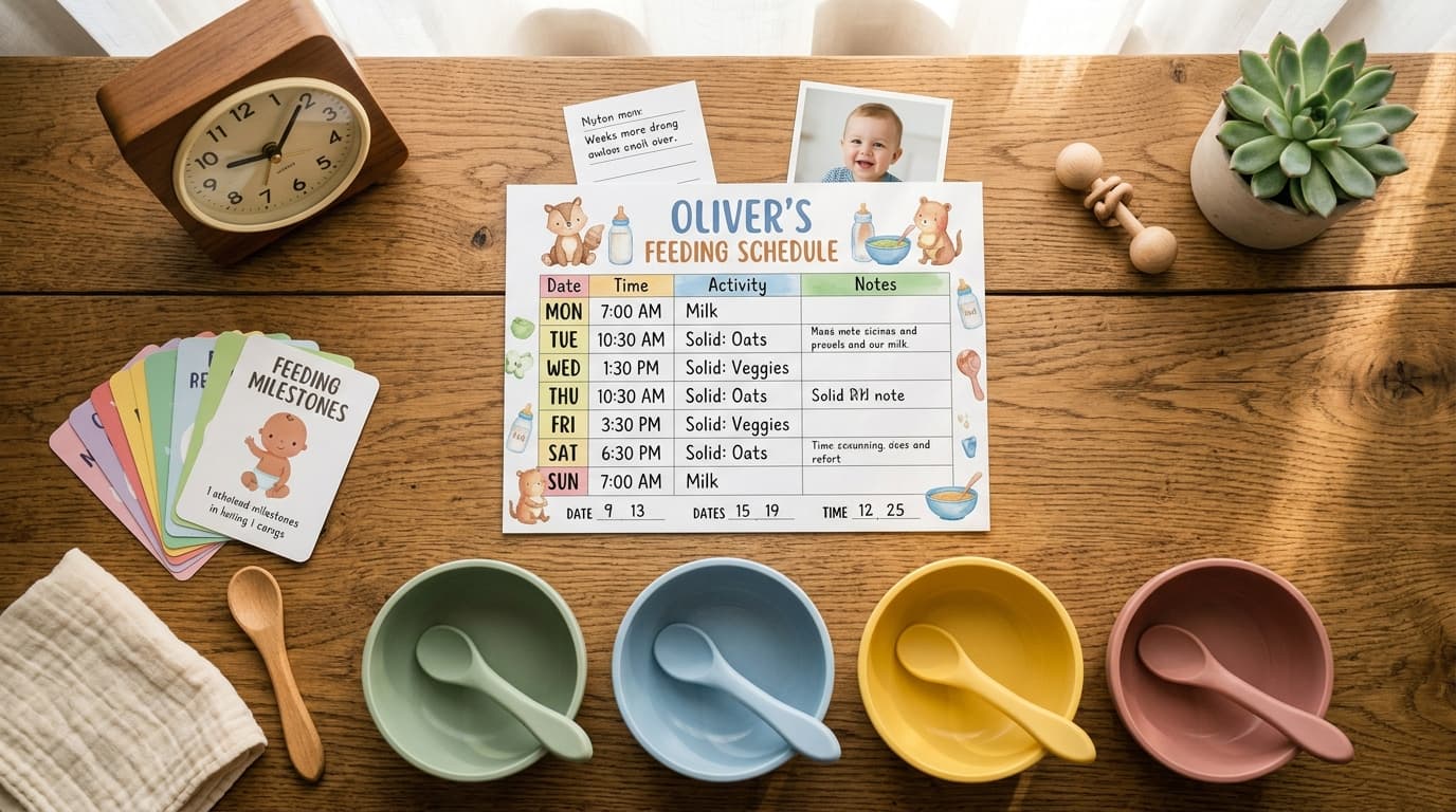 Foto konsep jadwal makan MPASI bayi 6 sampai 12 bulan dengan jam dan mangkuk