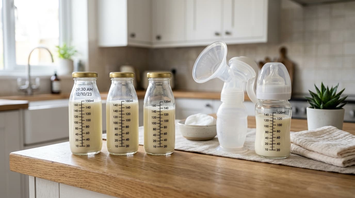 Foto botol kaca penyimpanan ASI perah (ASIP) dengan takaran mililiter dan pompa ASI