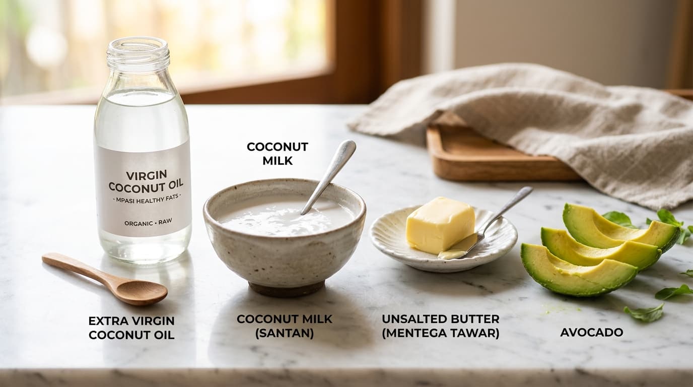 Foto ragam lemak tambahan MPASI seperti virgin coconut oil, santan, unsalted butter, dan alpukat