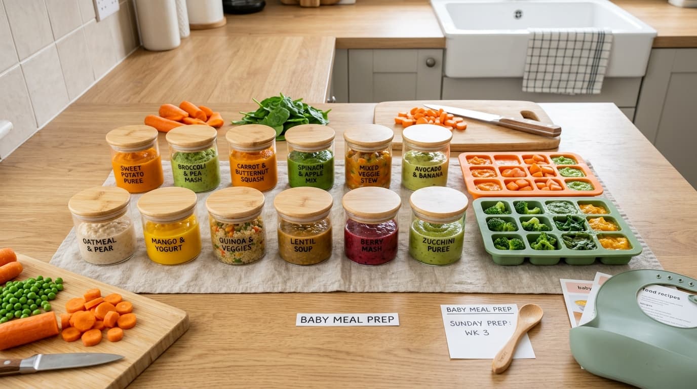 Foto food preparation MPASI dengan toples kaca dan nampan silikon pembeku