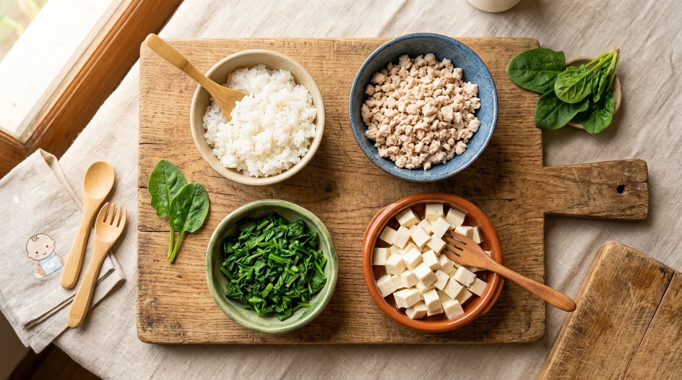 Foto lezat susunan bahan makanan rumahan untuk menu MPASI seimbang
