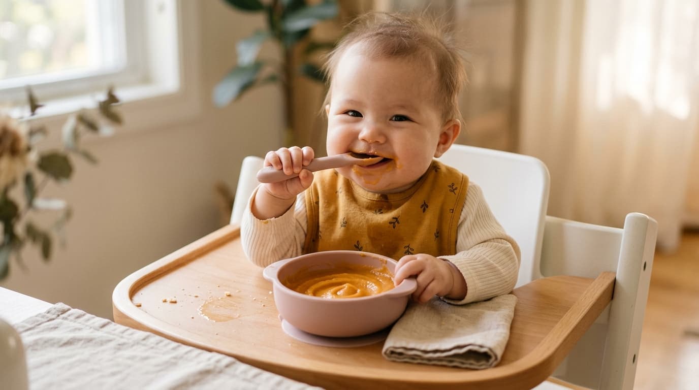 Foto bayi ceria usia 6 bulan makan puree halus buatan sendiri di high chair