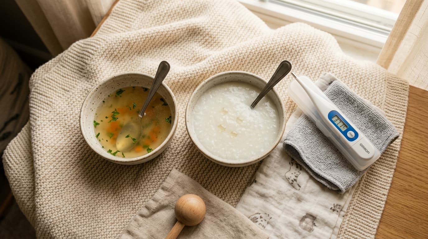 Foto kaldu ayam jernih dan bubur saring lembut dengan termometer digital
