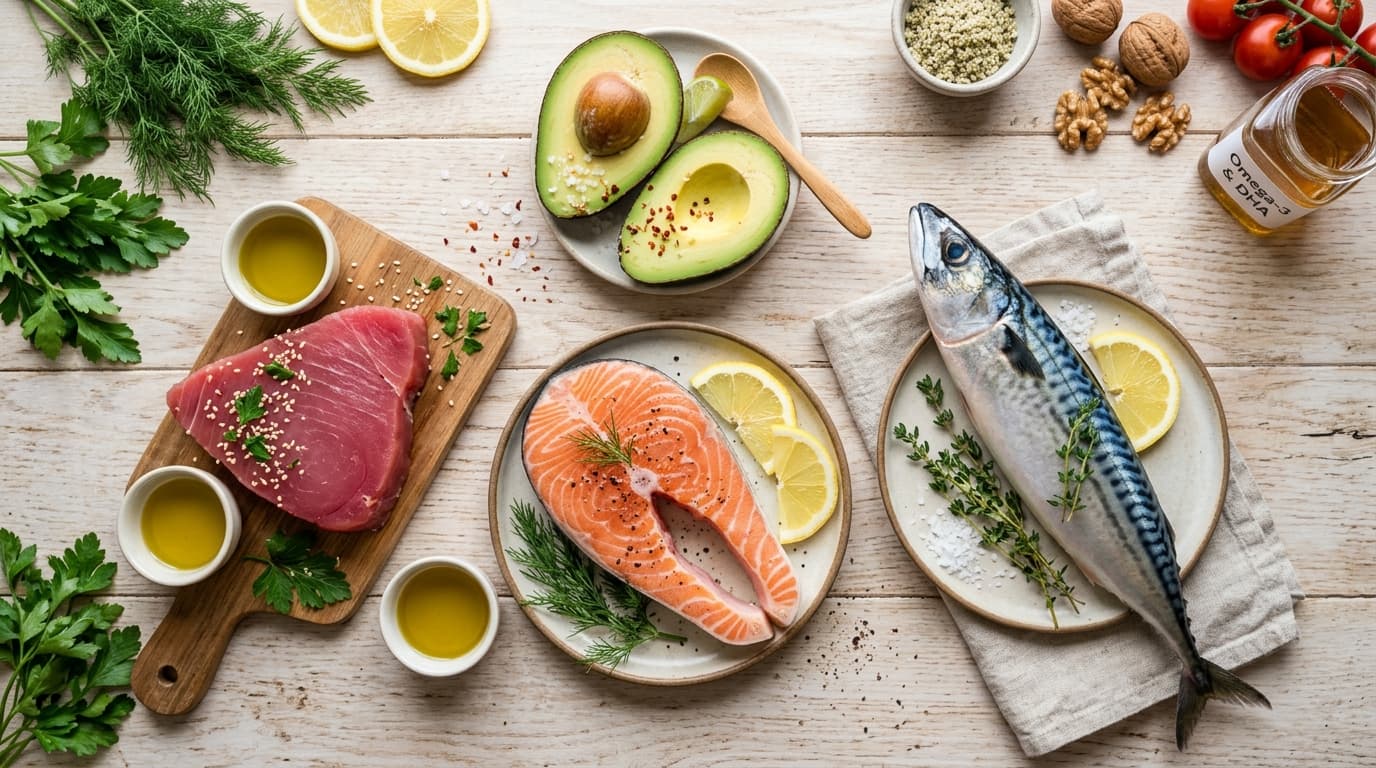 Foto lezat ikan salmon, kembung, dan alpukat kaya Omega-3 dan DHA untuk MPASI