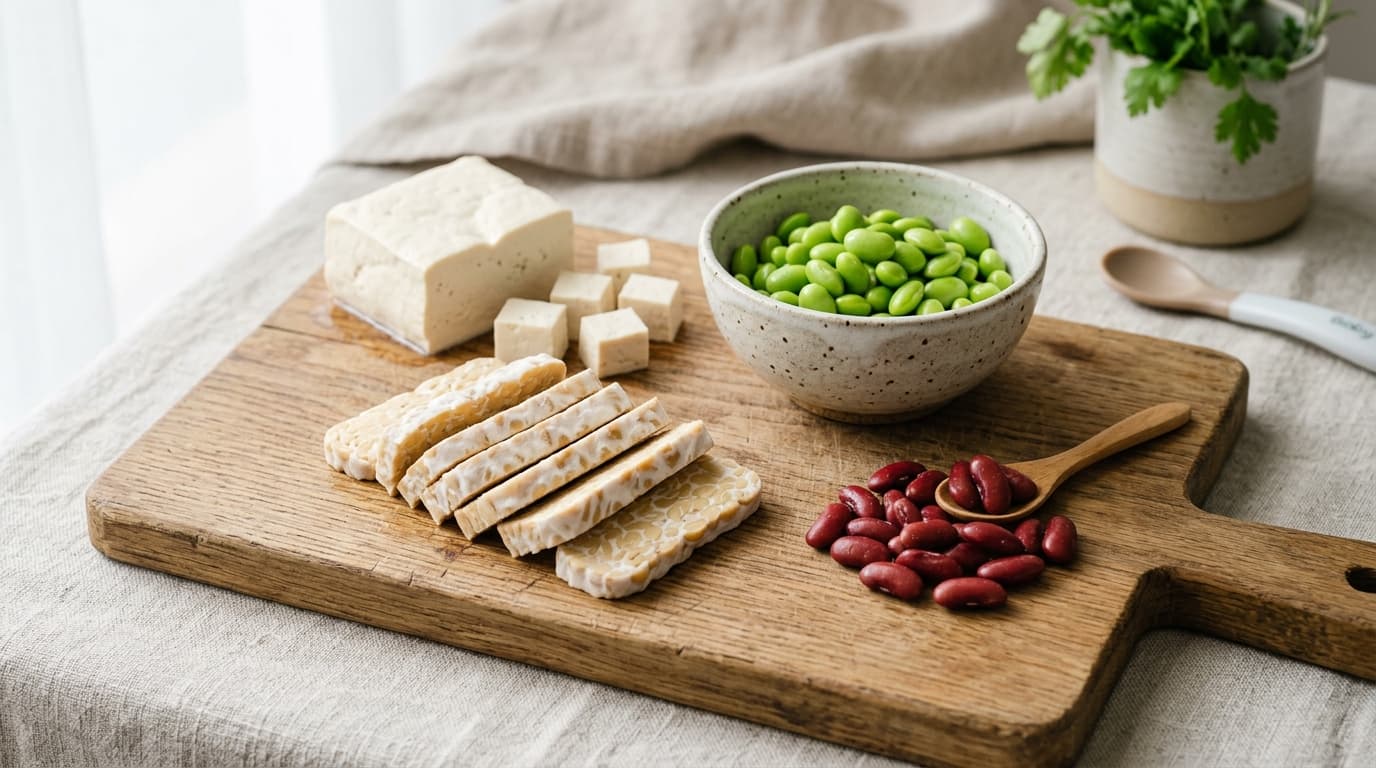 Foto aneka bahan protein nabati MPASI seperti tahu sutra, tempe kedelai, edamame, dan kacang merah