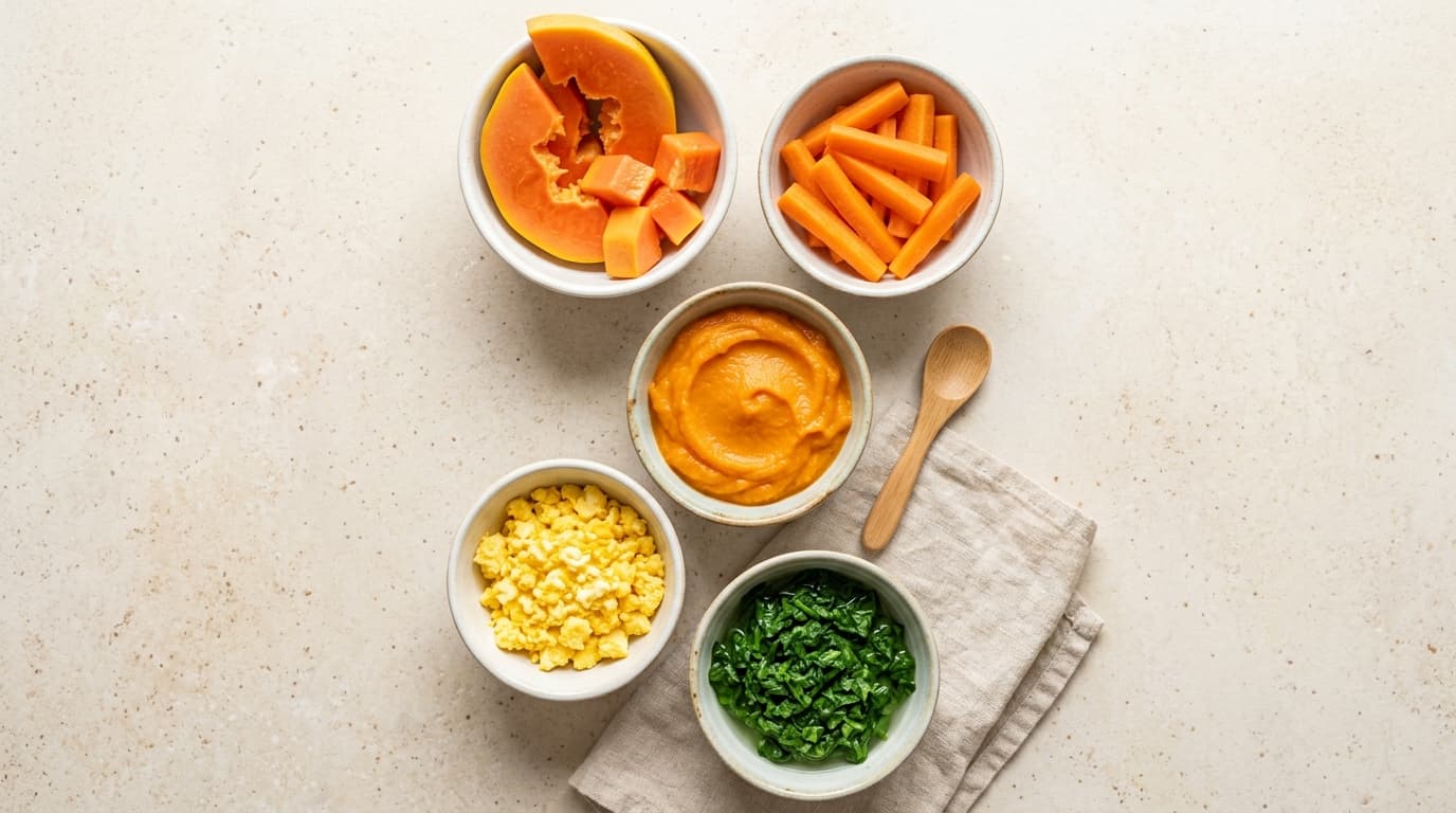 Foto lezat bahan MPASI kaya Vitamin A seperti pepaya, wortel, dan kuning telur