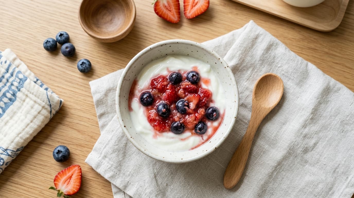 Foto lezat yogurt plain dengan buah berry untuk variasi MPASI bayi