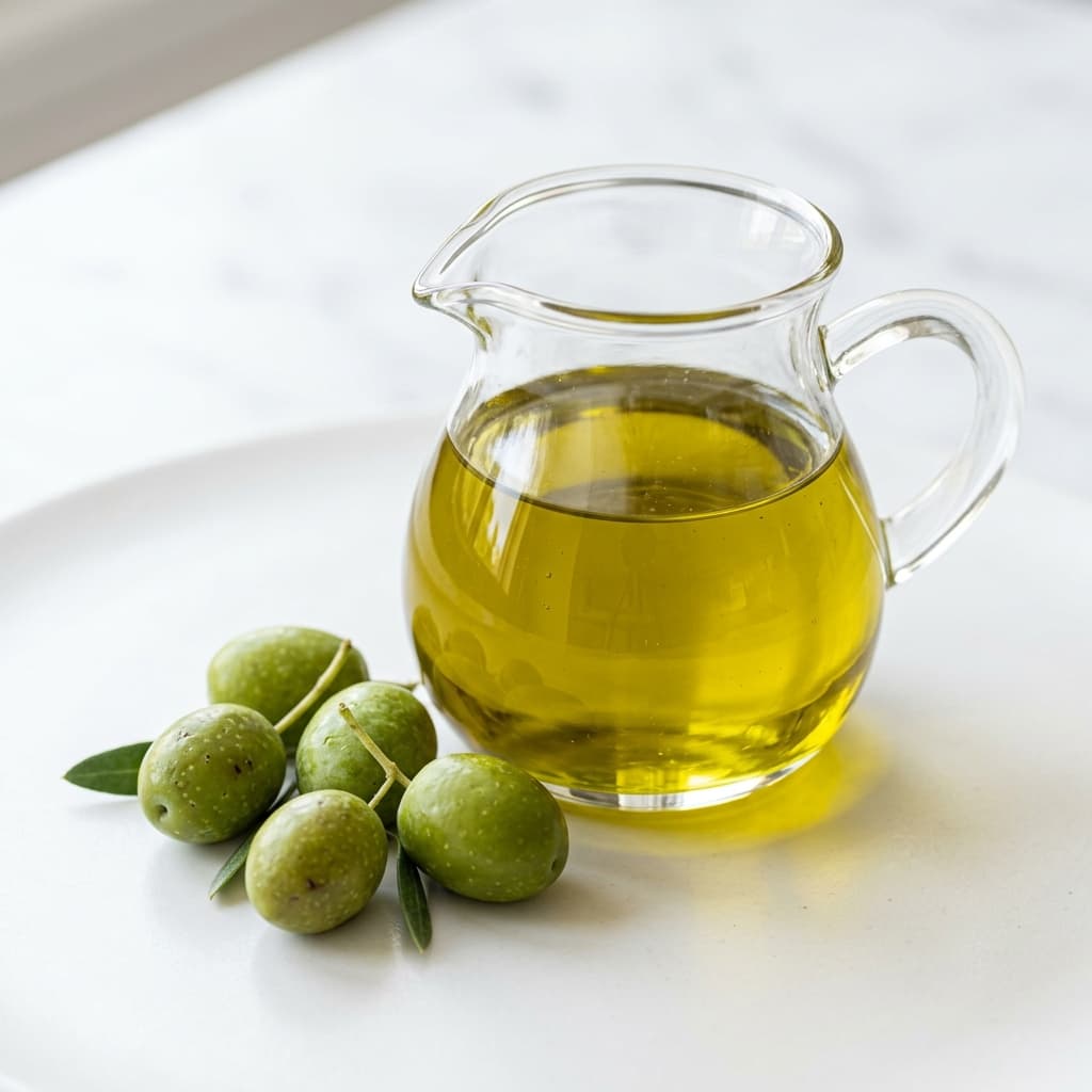 Foto asli extra virgin olive oil dalam teko kaca kecil dan buah zaitun segar untuk MPASI