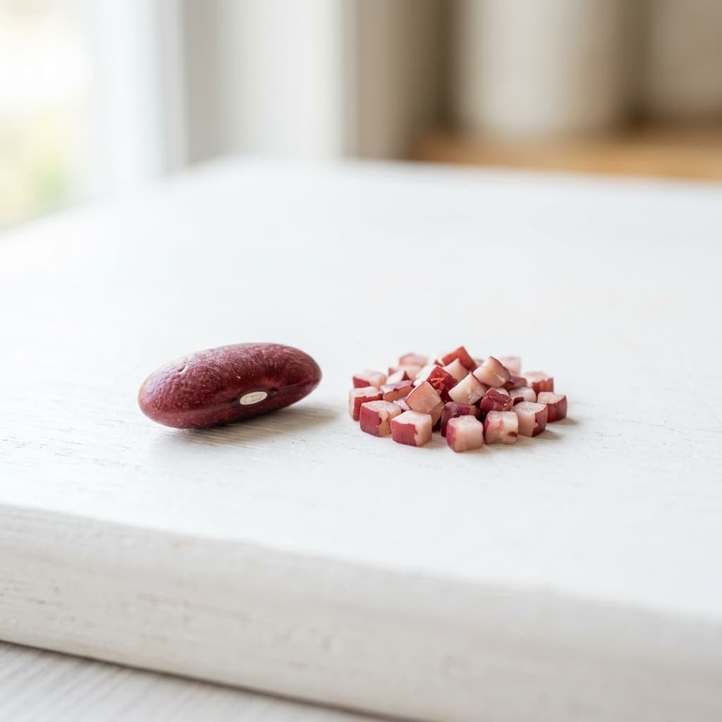 Foto asli kacang merah utuh dan potongan dadu kecil untuk MPASI