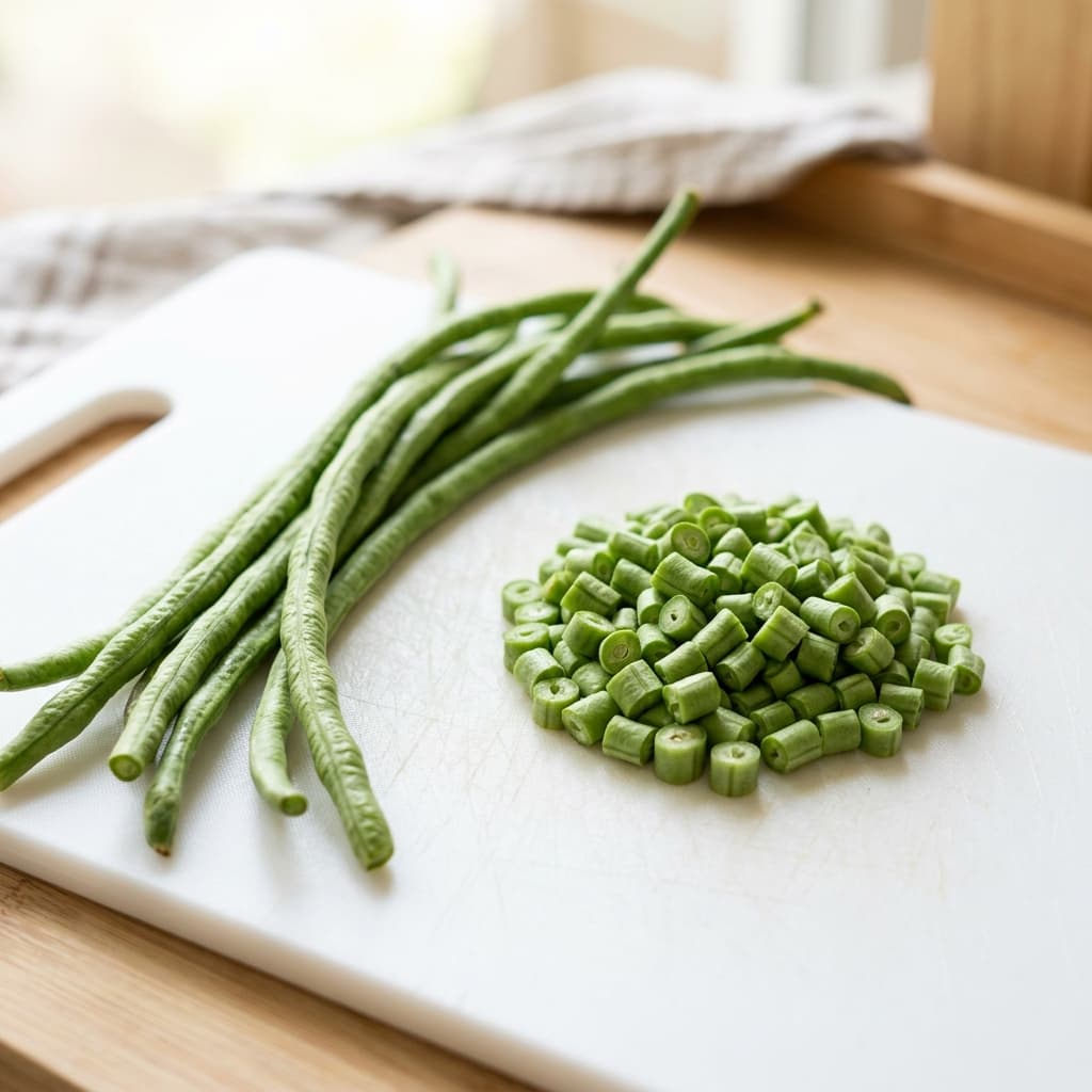 Foto asli kacang panjang segar utuh dan potong kecil untuk MPASI