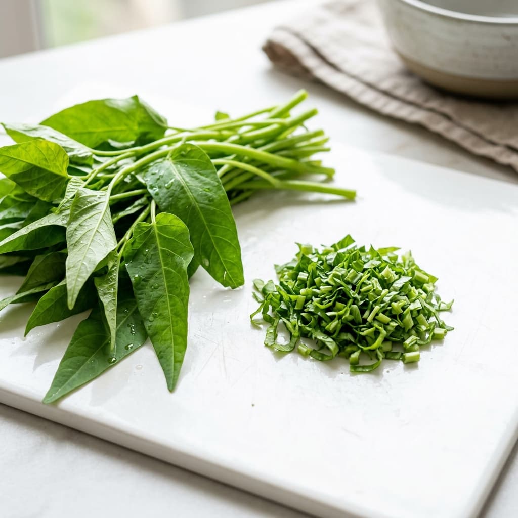 Foto asli daun kangkung segar utuh dan cincang untuk MPASI