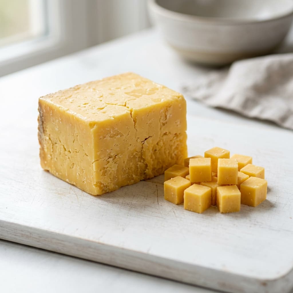 Foto asli keju cheddar kuning utuh dan potongan dadu untuk MPASI