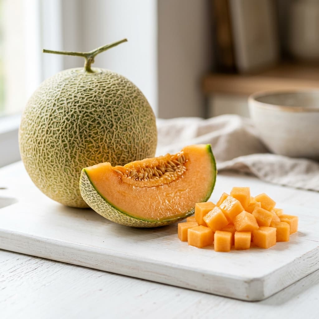 Foto asli melon manis utuh dan potongan dadu kecil untuk MPASI