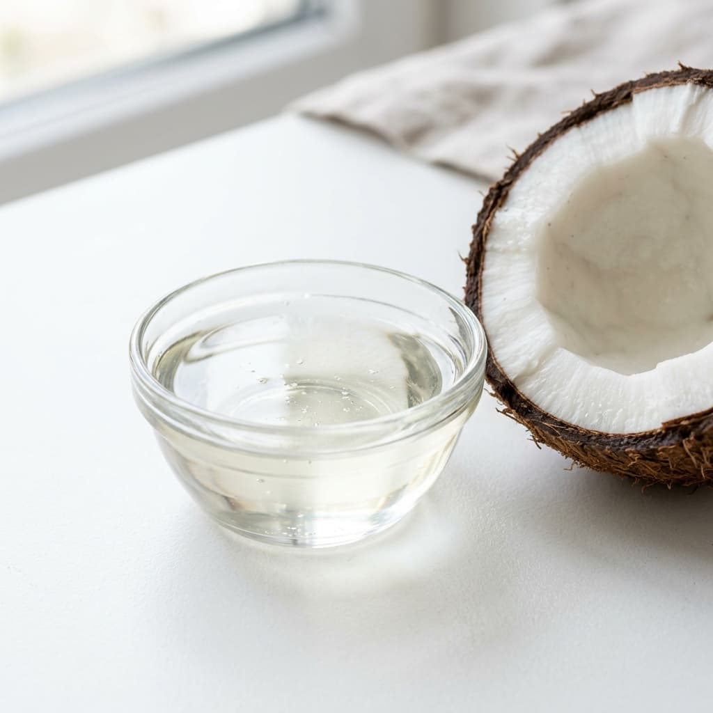 Foto asli minyak kelapa murni dalam mangkuk kaca dan kelapa segar untuk MPASI