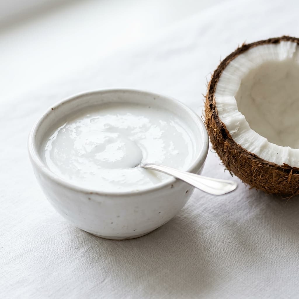 Foto asli santan kelapa kental segar dalam mangkuk keramik untuk MPASI