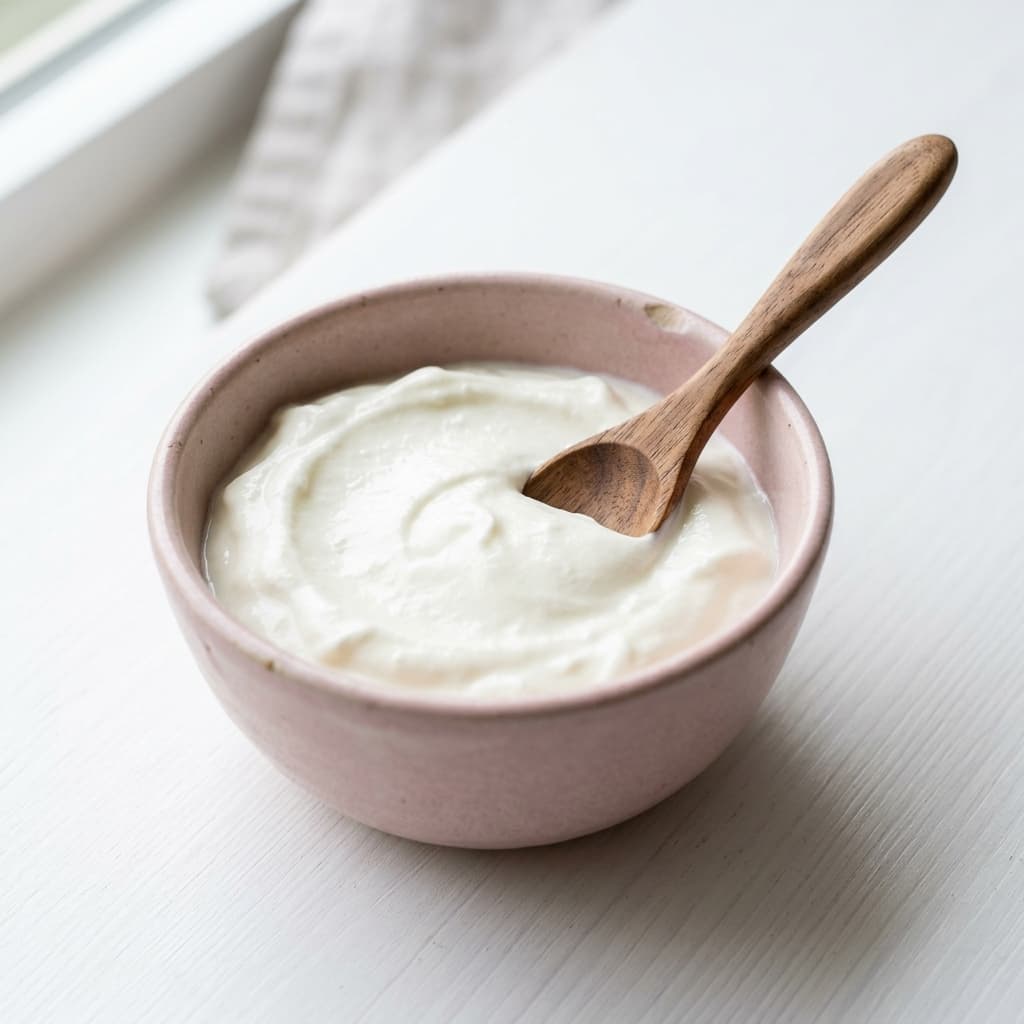Foto asli yogurt plain tawar kental dalam mangkuk keramik untuk MPASI