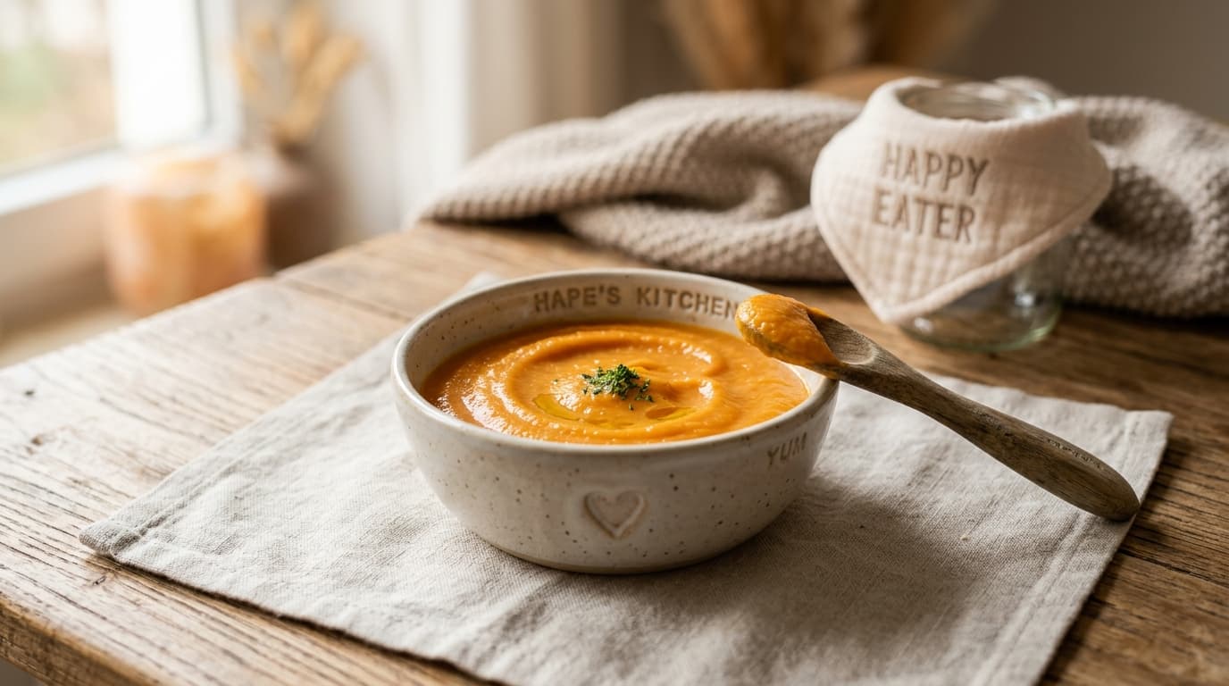 Foto lezat puree bubur lentil merah dan wortel manis untuk MPASI