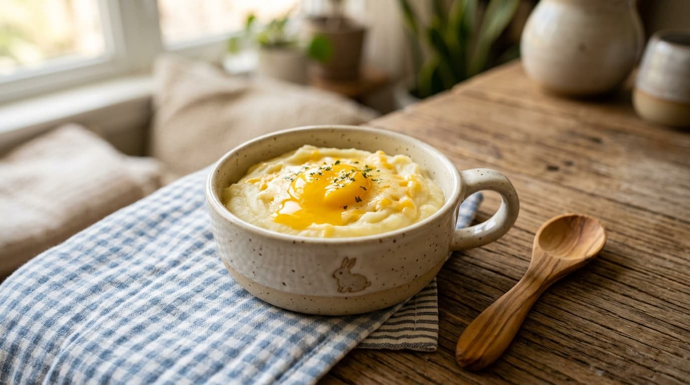 Foto lezat kentang lumat dengan kuning telur dan keju untuk MPASI