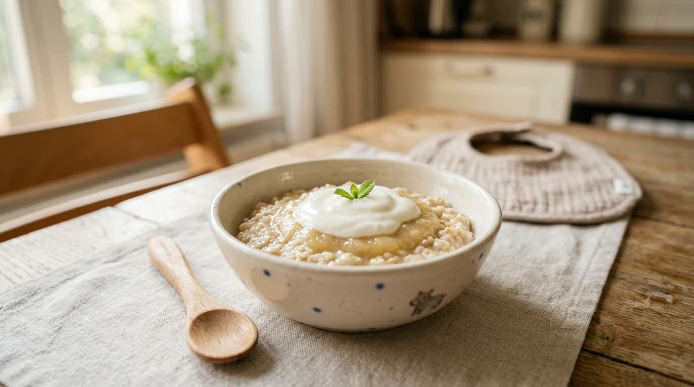 Foto lezat oatmeal lembut dengan puree pir manis dan yogurt plain untuk MPASI