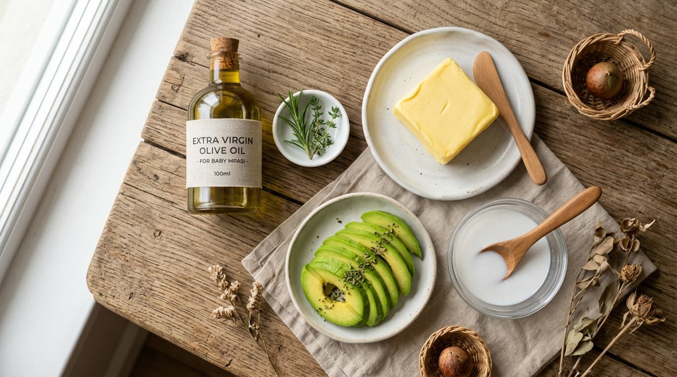 Foto lezat EVOO, unsalted butter, dan alpukat sebagai lemak tambahan MPASI