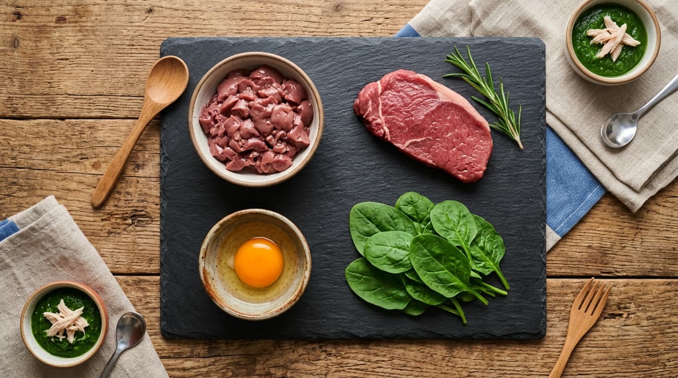 Foto lezat bahan MPASI kaya zat besi seperti hati ayam, daging sapi, dan bayam