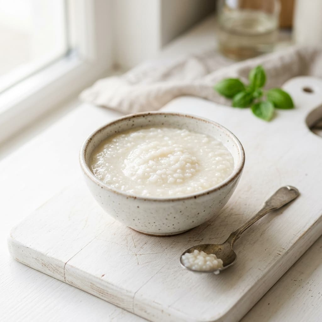 Foto asli mangkuk bubur beras bayi untuk MPASI