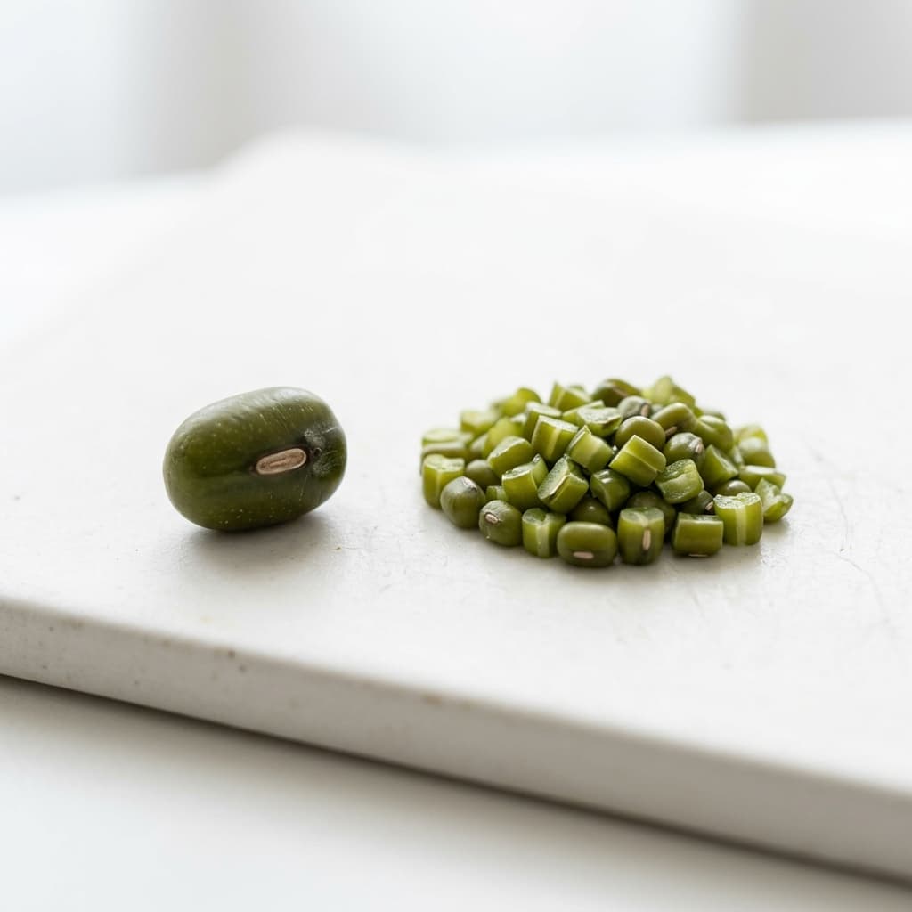 Foto asli kacang hijau utuh dan potongan kecil untuk MPASI