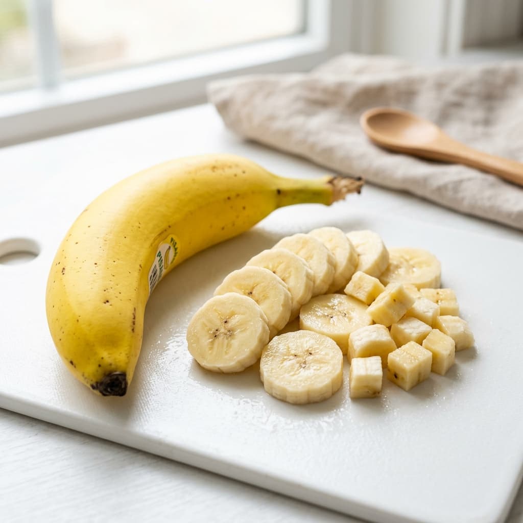 Foto asli pisang utuh dan potongan iris kecil untuk MPASI